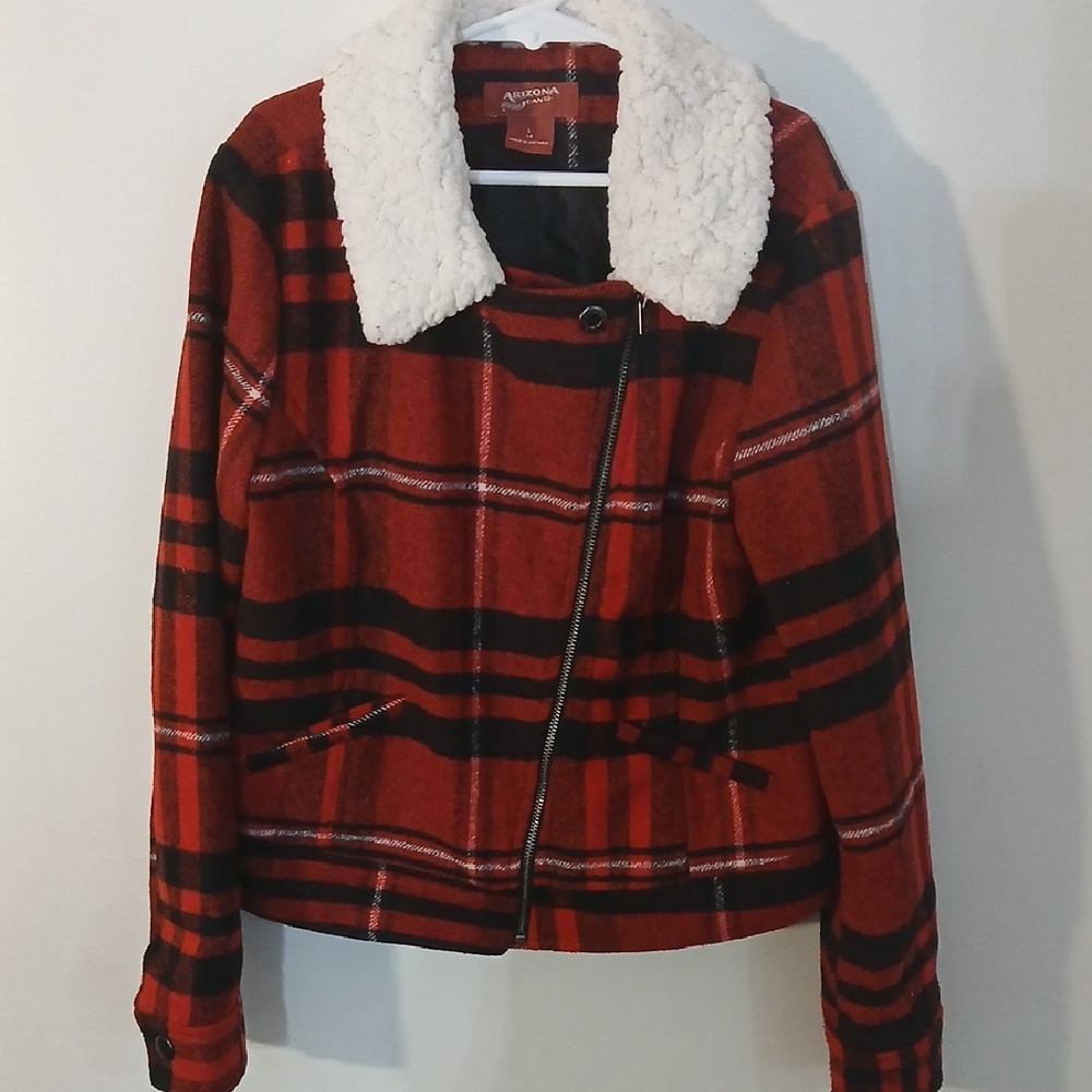 Arizona Jean Company Red and Black Plaid Teddy Jacket with Cream Collar